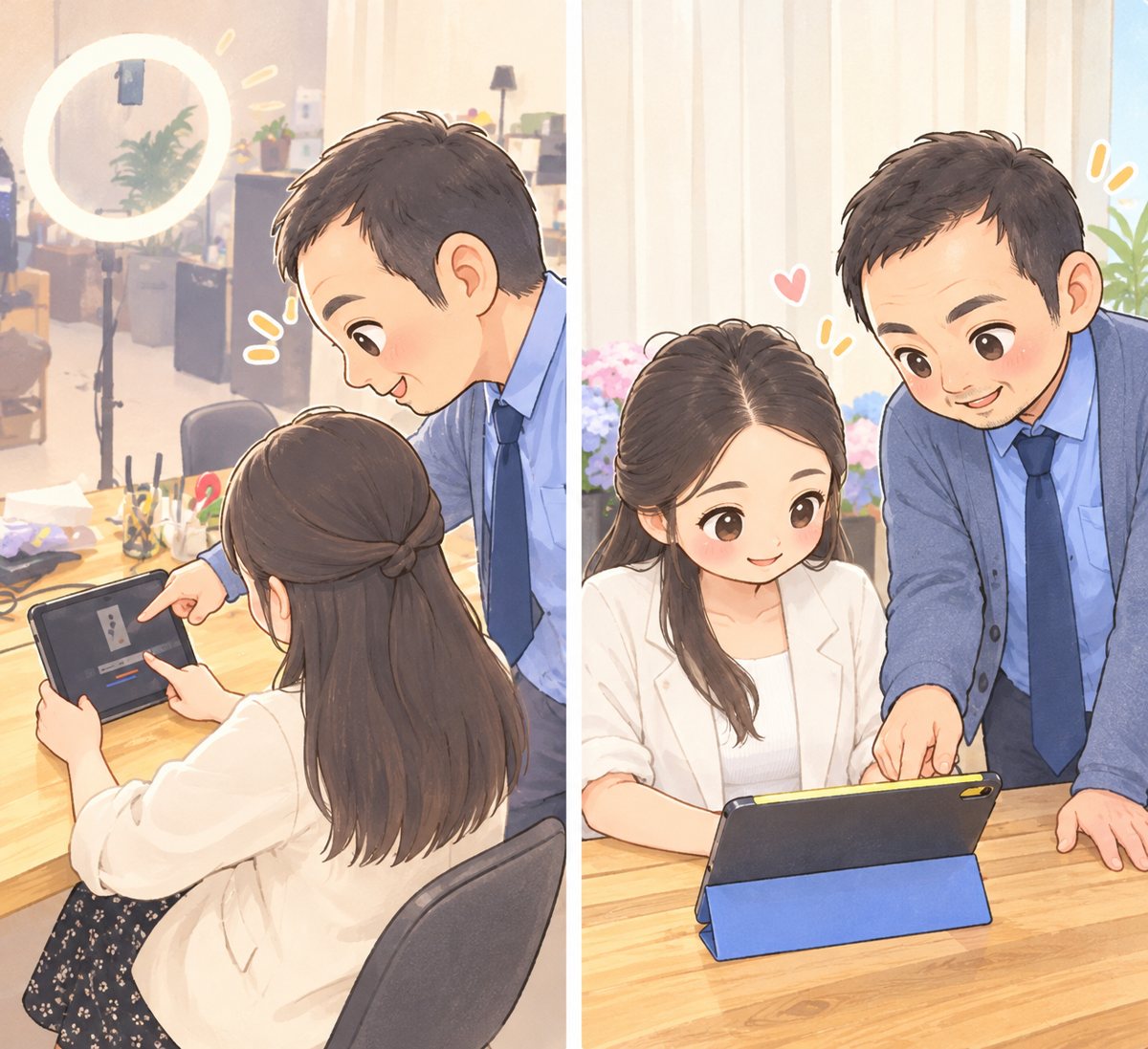 スタッフに教わりながらタブレットで動画編集をする様子のイラスト