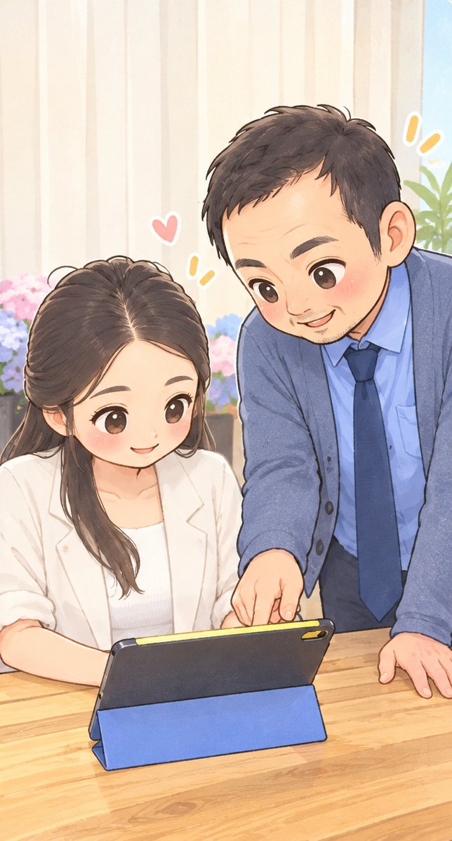 スタッフと利用者がタブレットを見ながら笑顔で話している様子のイラスト