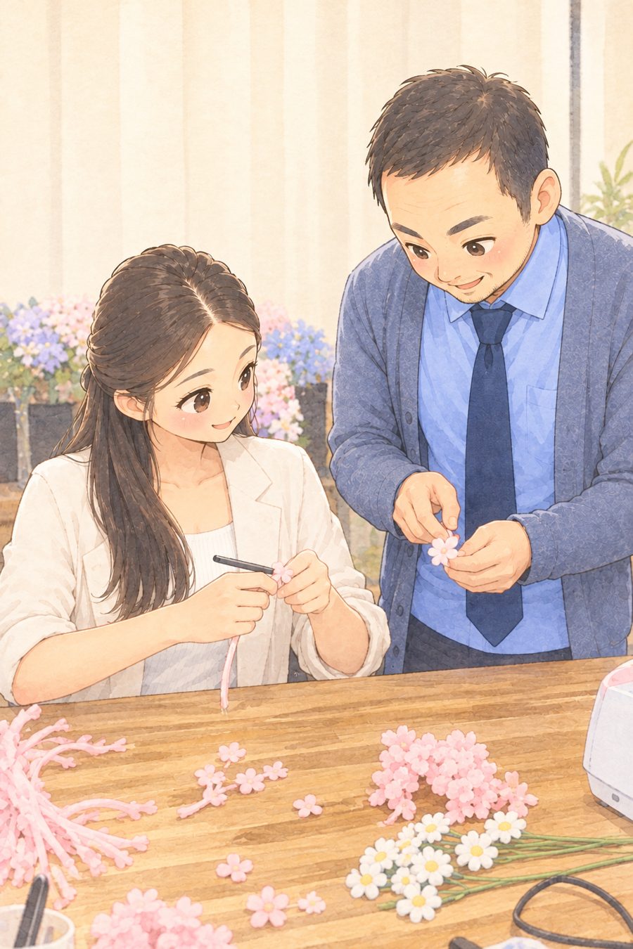 事業所でモールフラワーを作る作業風景のイラスト